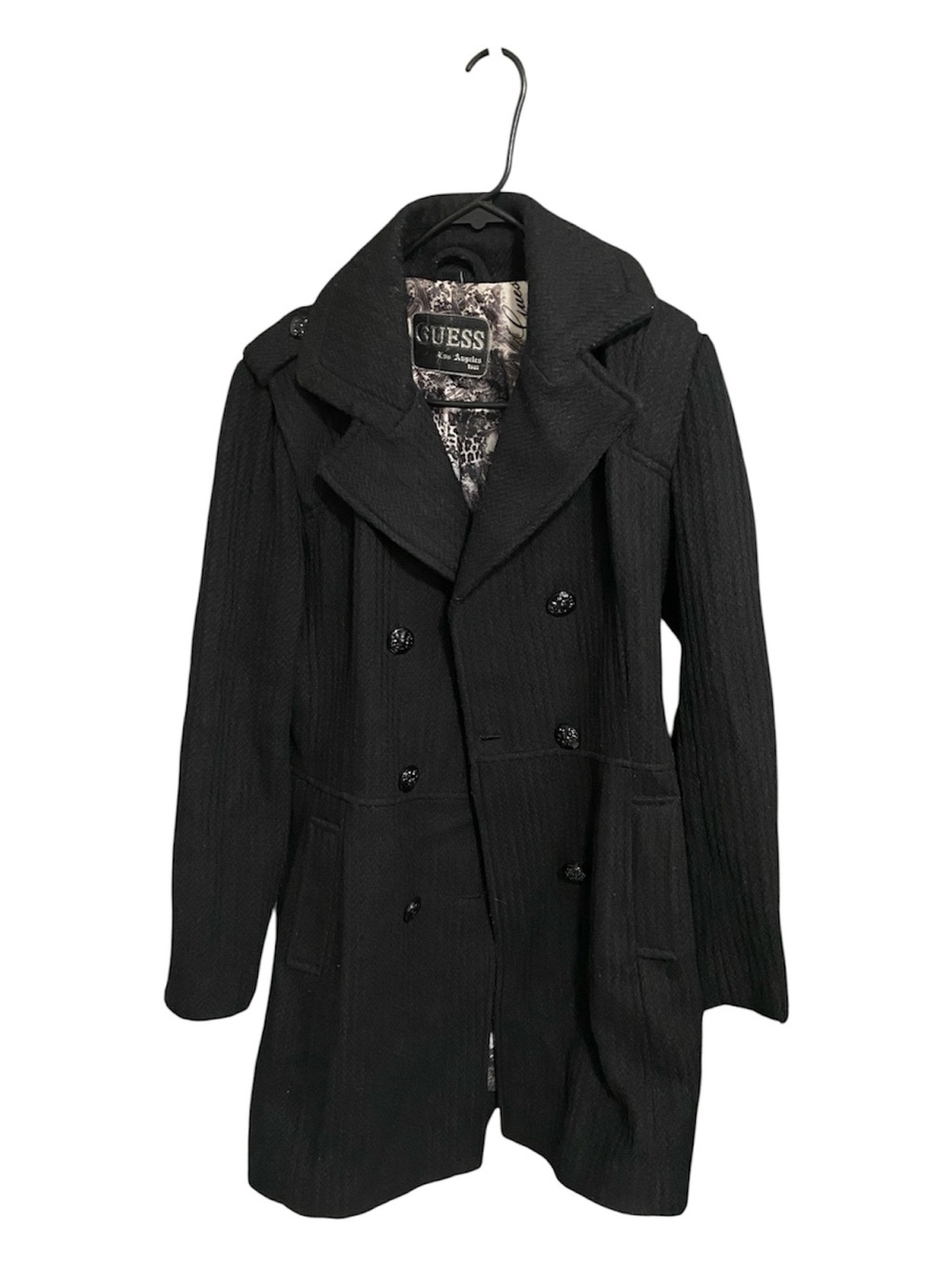 GUESS Black Double-Breasted Pea Coat with Wide Lapels